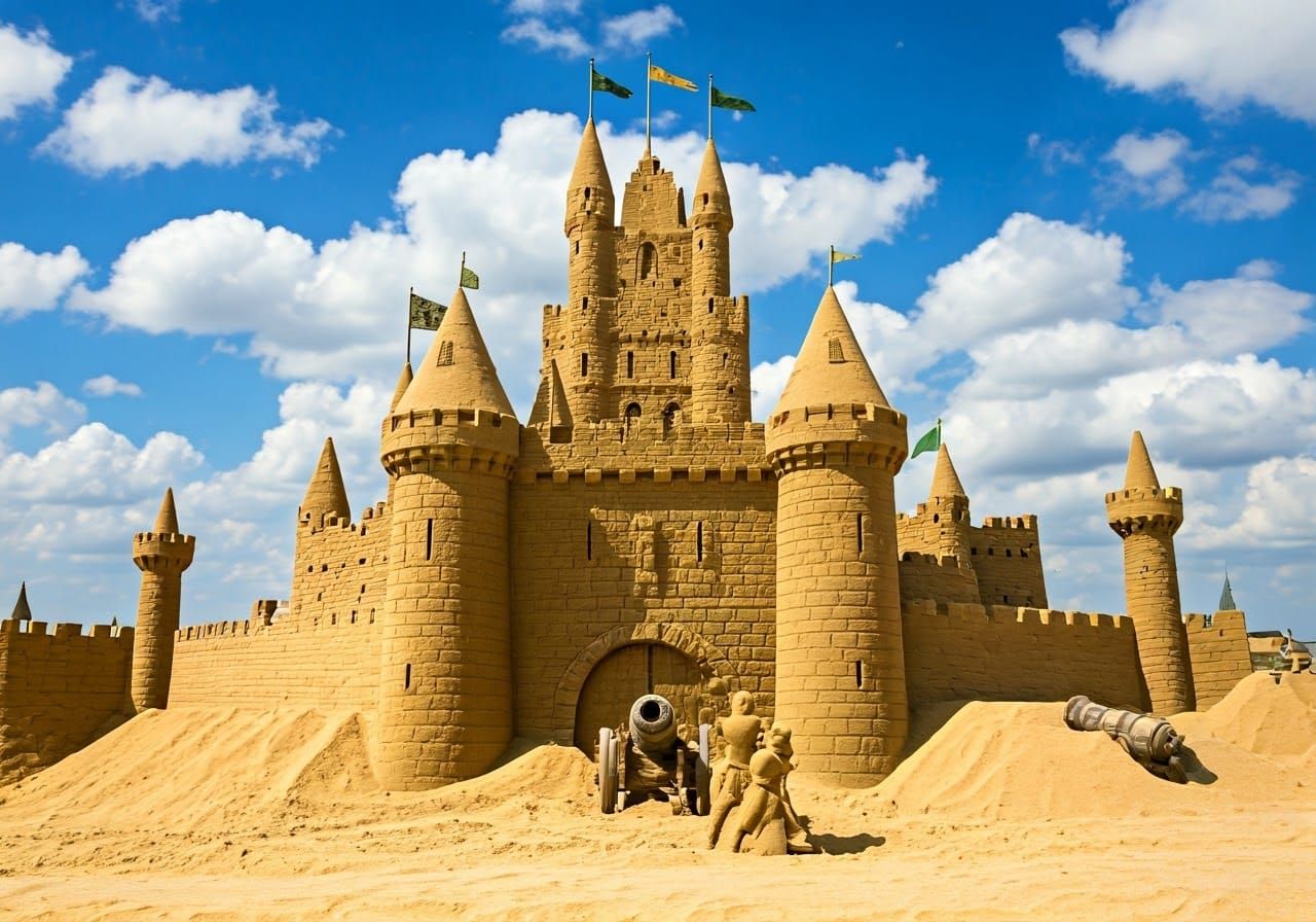 A sandcastle in the style of a medieval castle, being attacked by sand medieval raiders with sand canons firing sand balls