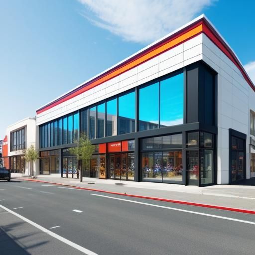 Exterior elevation shot, colorful, Small clothing stores mal...