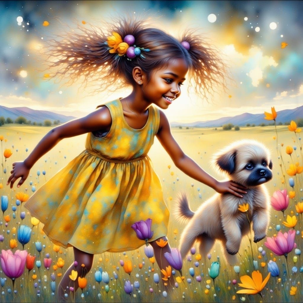 <lora:FiosFantasyGlow:1.0> <lora:Flux - Painterly:1.0> A young girl with reddish pigtails and yellow dress and shoes running in a field of b...