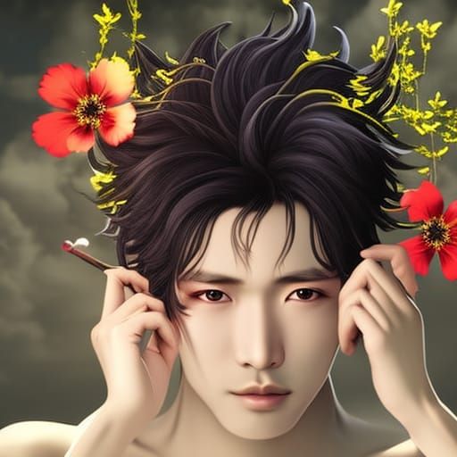 elegant stylish messy wavy short-haired japanese young man w...