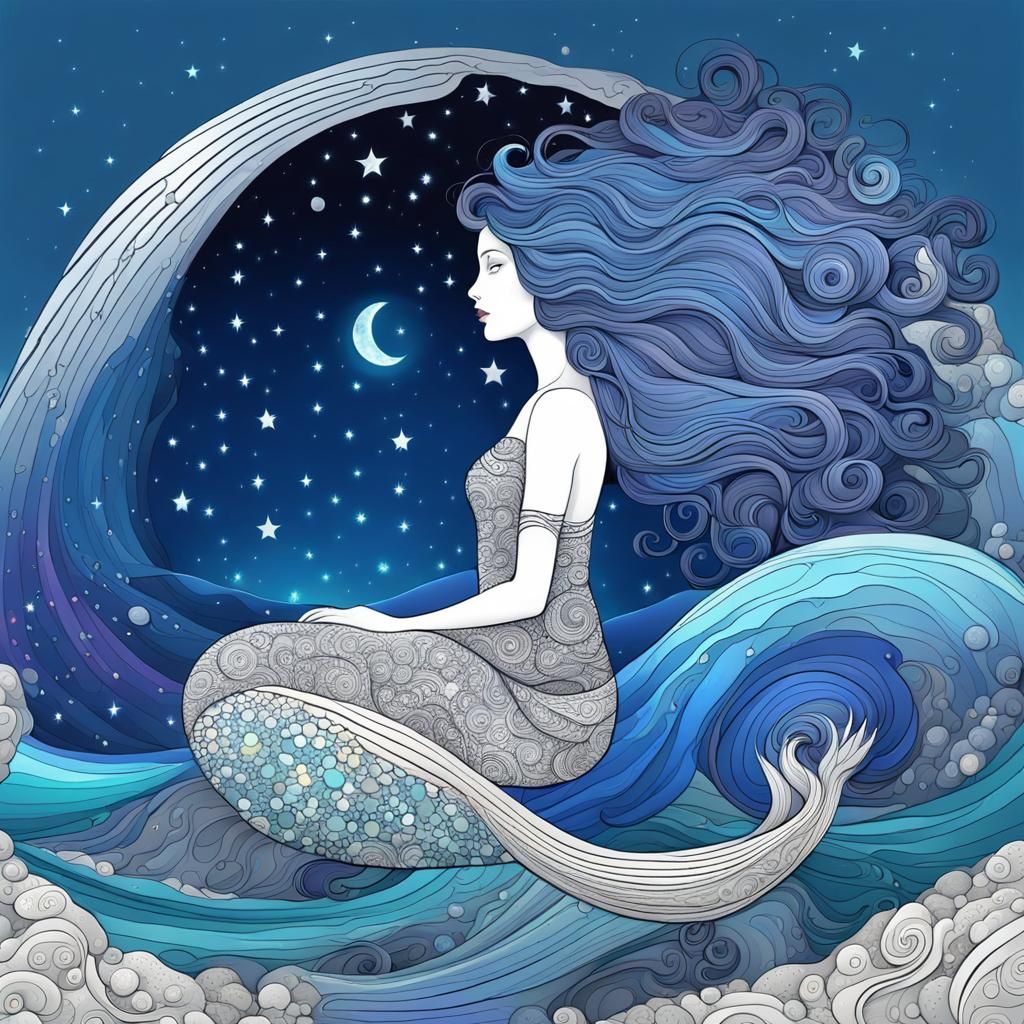 A beautiful young mermaid resting in a big rock, curvy body,...