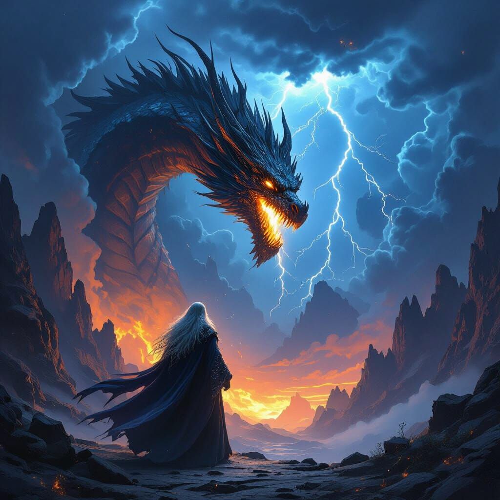 wizard and dragon behind.thunder clouds overhead. rocky mountains