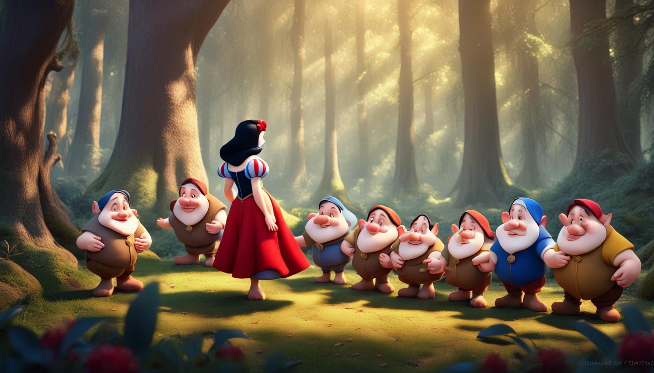 Snow White together with the seven dwarfs in a forest, cinematic ...