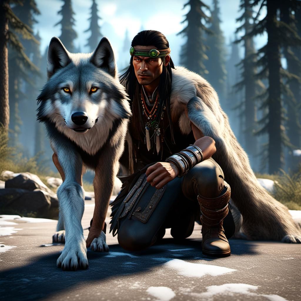 native American crawling with wolf hide over him, GeForce RTX, 2TB NVMe M.2 SSD, 6TB HDD ,unreal engine 5 ,128 bit graphics,flashes 24k reso...