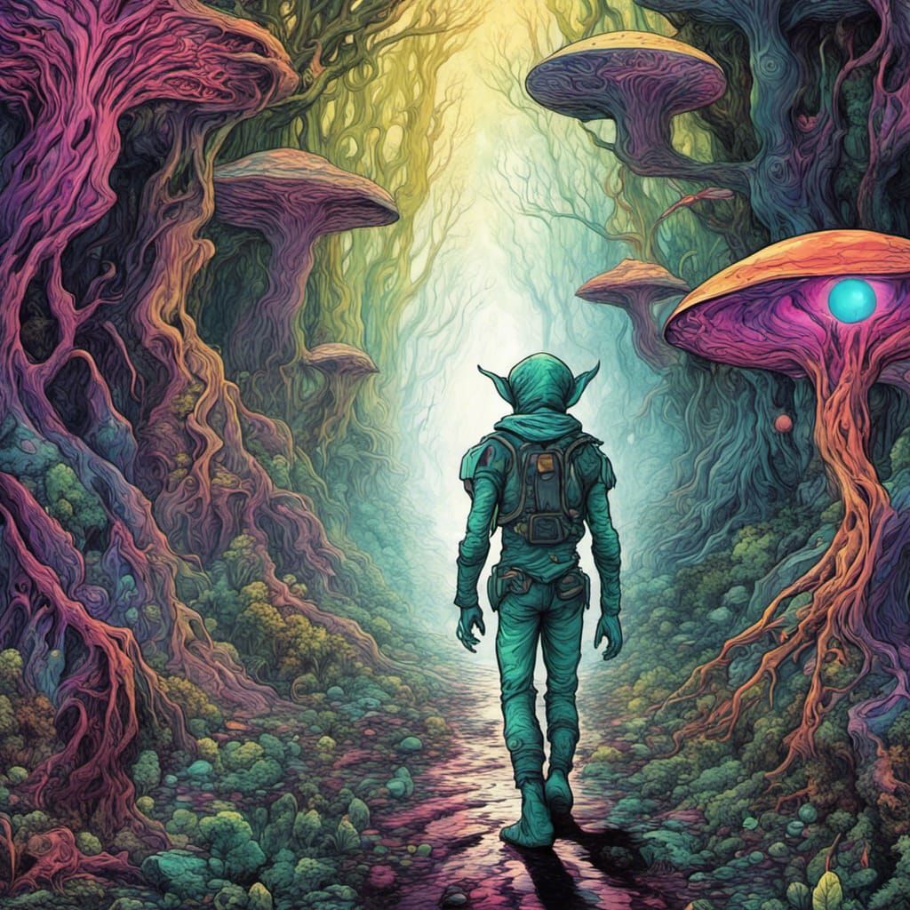 an alien psychedelic forest elf walking in an alien psychede...
