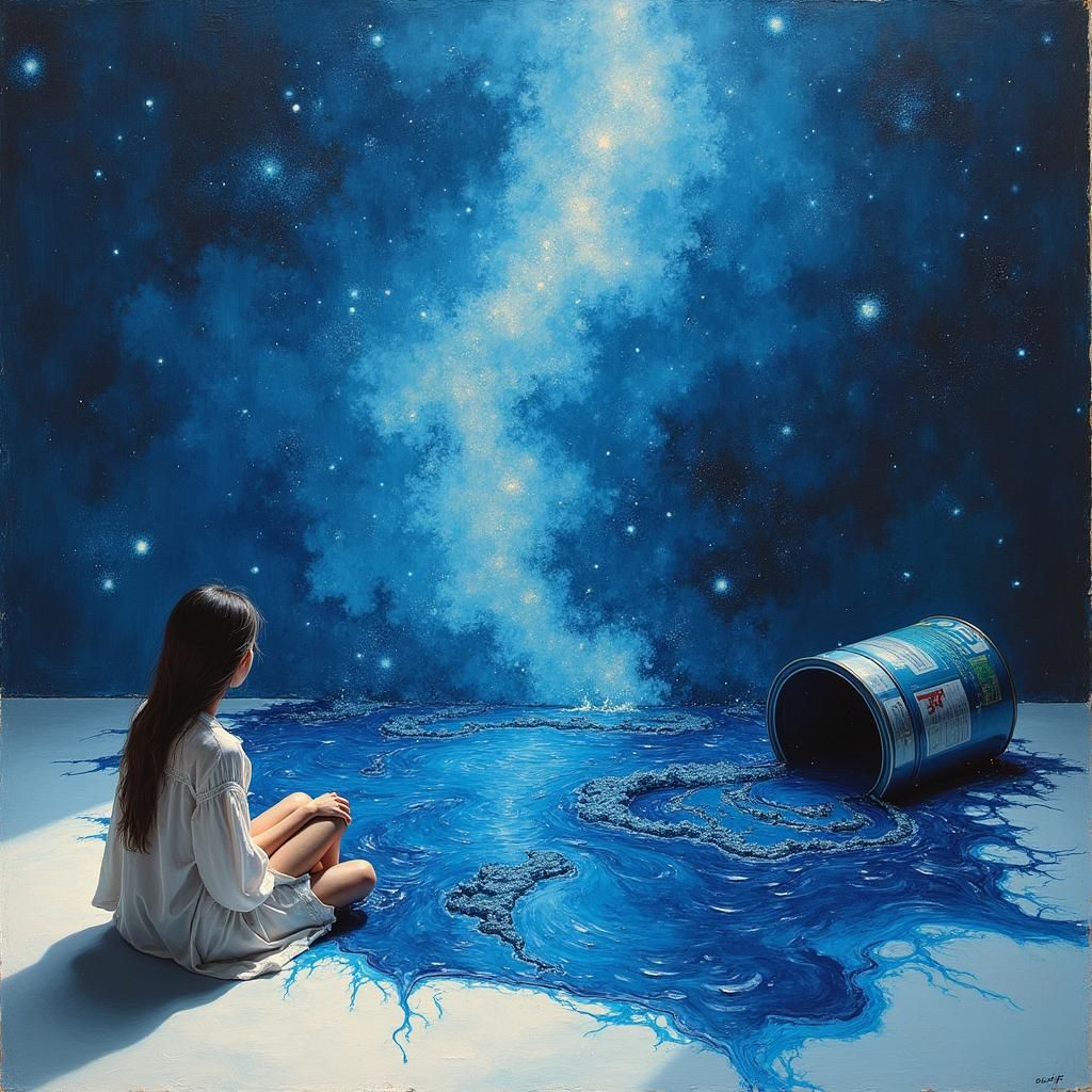 liquid starry night sky in a paint can that has been knocked over spilling the night sky all over the ground | daytime | natural light | bri...