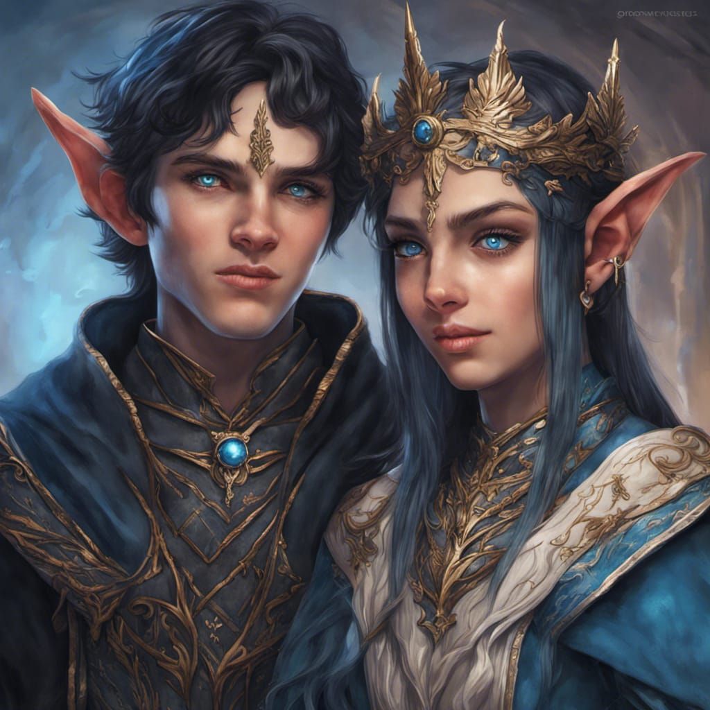 boy and girl elf twins, black hair, blue eyes, detailed face...