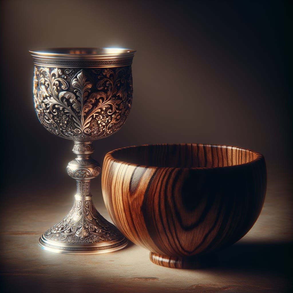 A silver chalice and a stained wooden bowl  by @Cat