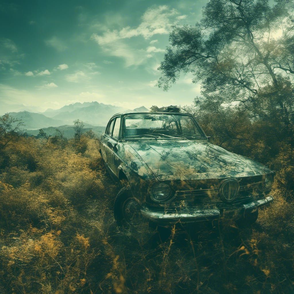 <lora:MJ 6 Double Exposure:1.3> Double exposure photography of a vehicle with a landscape, sharp focus, double exposure photography, ultra H...