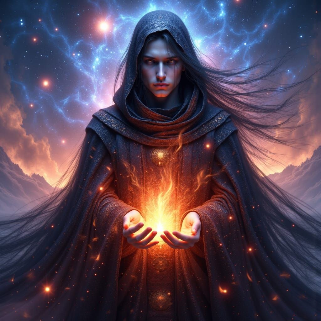 Epic Fantasy Sorcerer Holding Living Flame with Cosmic Sky