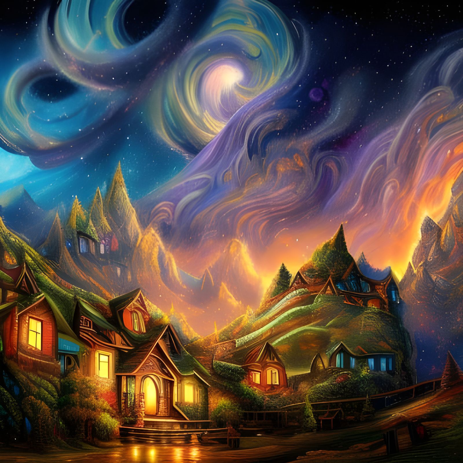 Cosmic Starry Sky Over Mountain Cottage