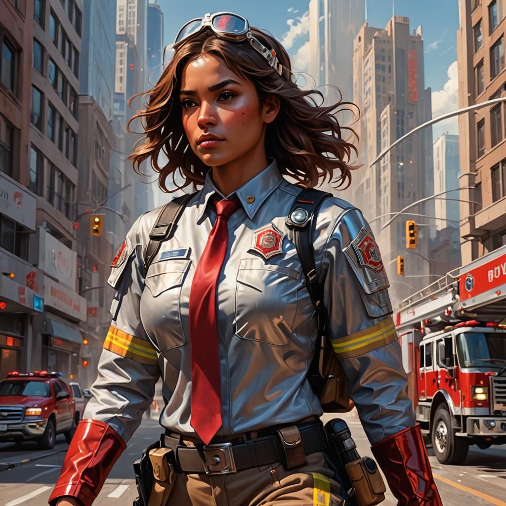 Firefighter Latino women princess warrior,  red and shiny si...