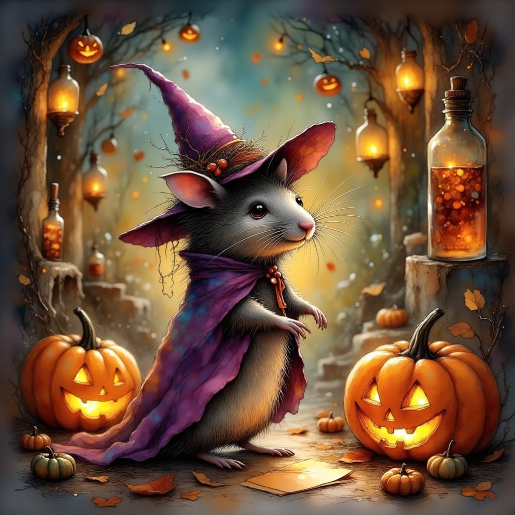 A rat dressed as a tiny witch  by @Soralba