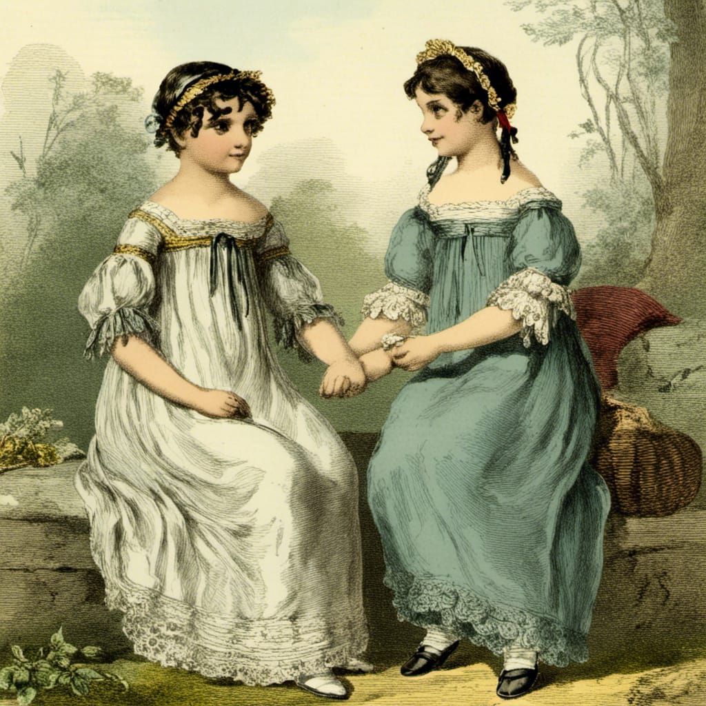 Dark haired girl in plain grey regency dress holding hands w...