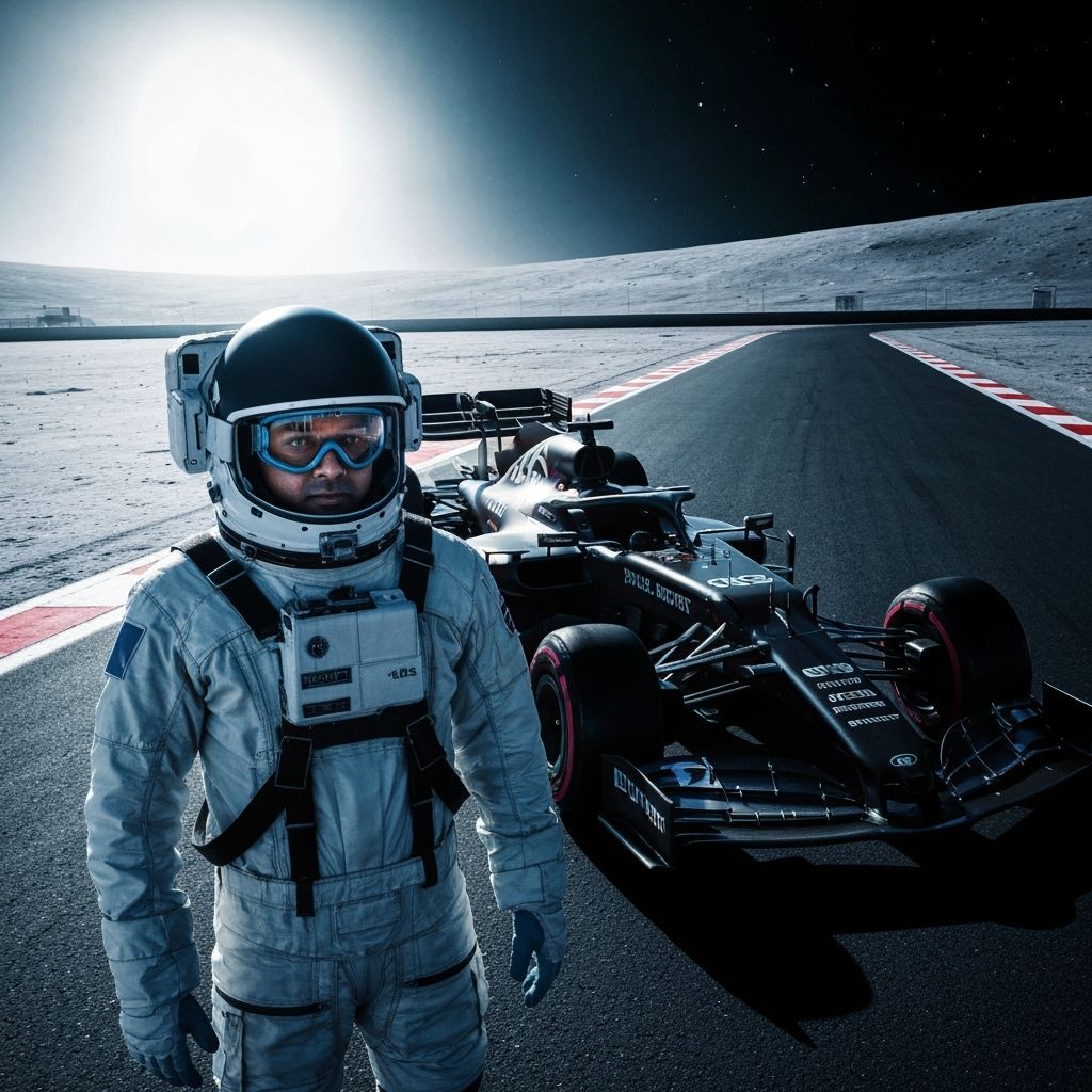 Astronaut and F1 Car on the Moon in Futuristic Style