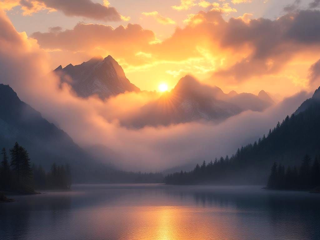Golden Sunrise over the misty Mountains and Lake
