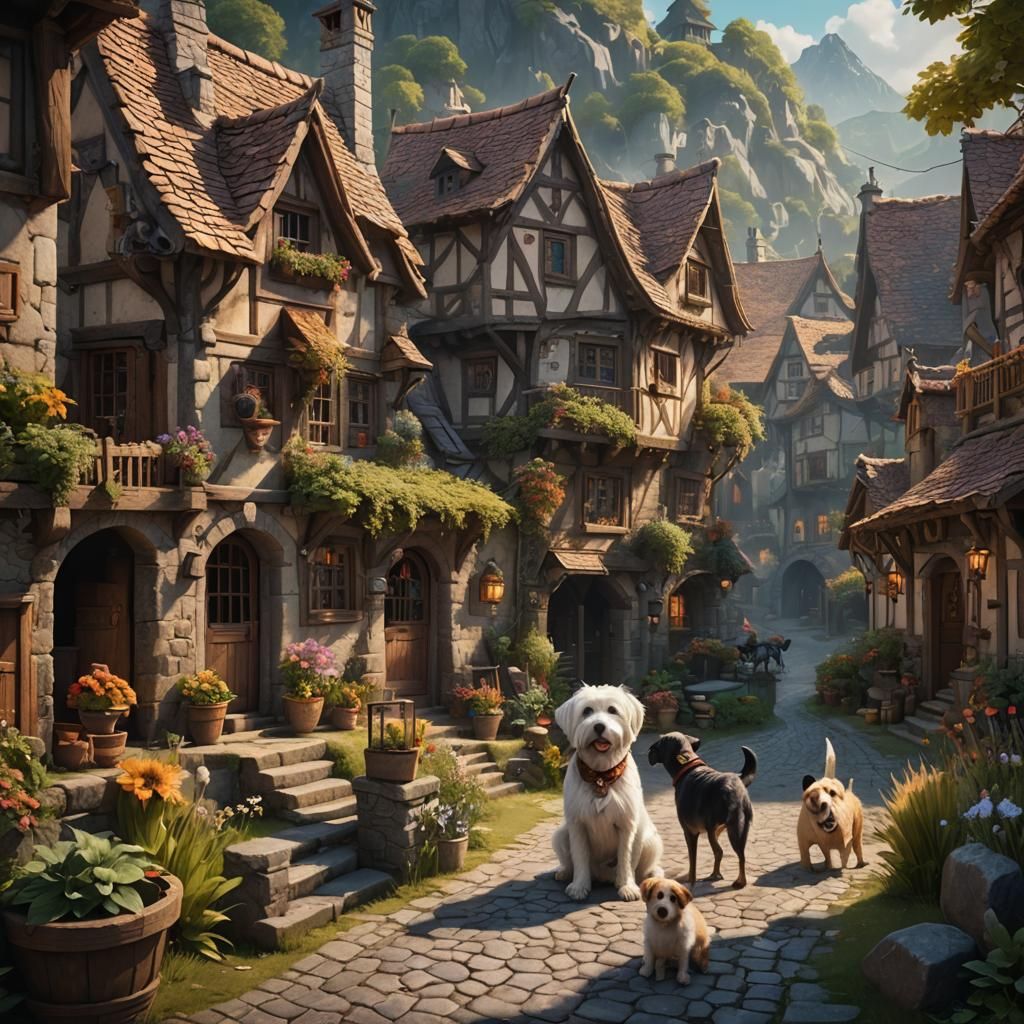 a axalto with a  and mix with dog in a cozy village