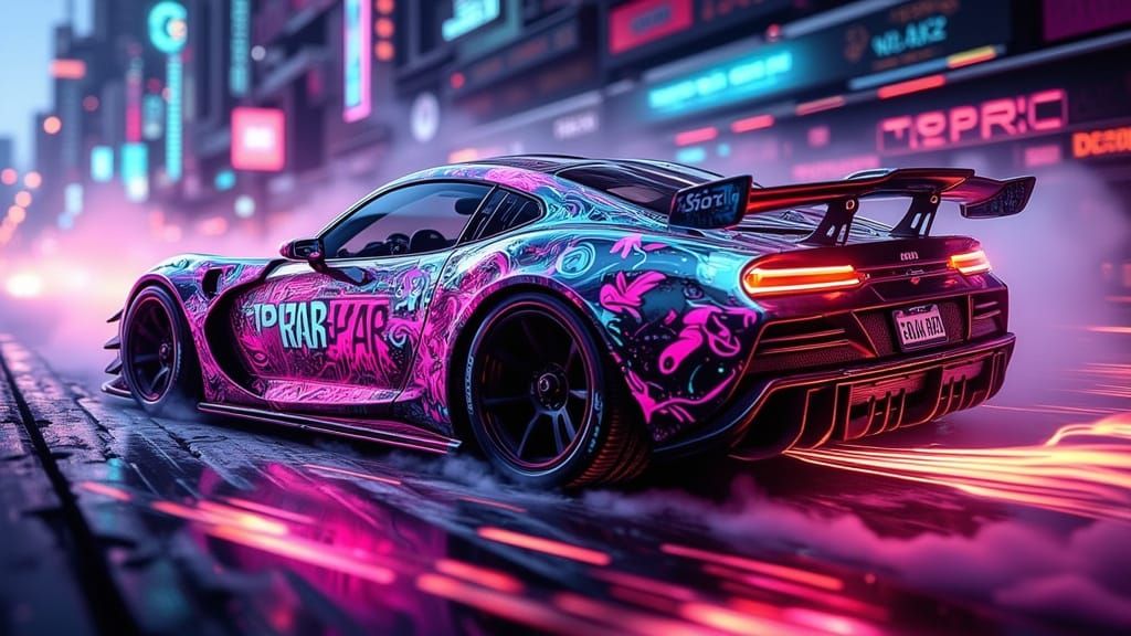 Neon Graffiti Car in Cyberpunk Cityscape