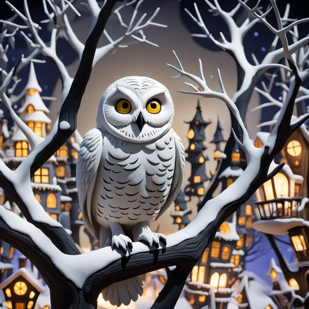 White Owl in tree in Nightmare Before Christmas Town and Cla...