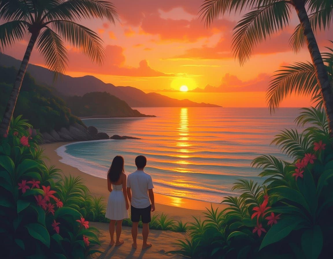 Exotic evening on enchanting island with beautiful sunset. Two people the wonders of natore