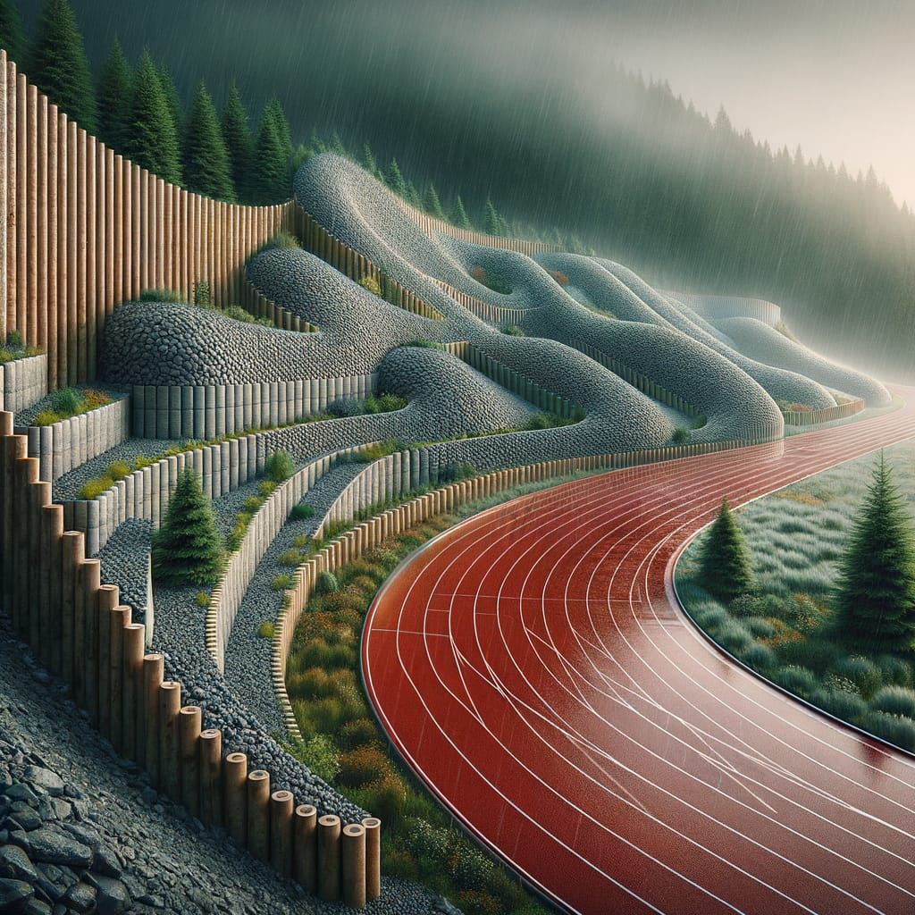 A realistic architectural render of a standard oval-shaped red athletic running track (stadium track). Focus on the curv...