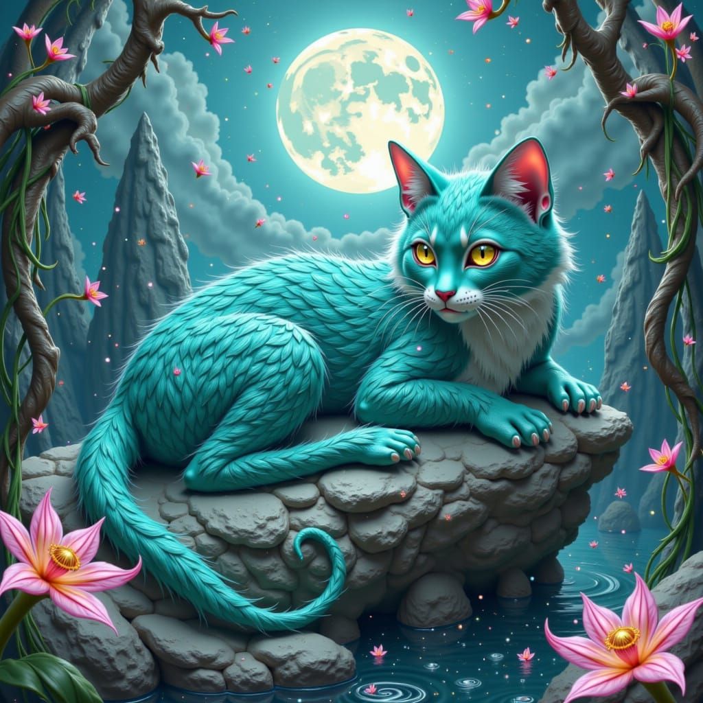 Whiskered feline with turquoise, iridescent scales, lounging on a mossy ocean rock, surrounded by soft seaweed, under a full moon's gentle g...