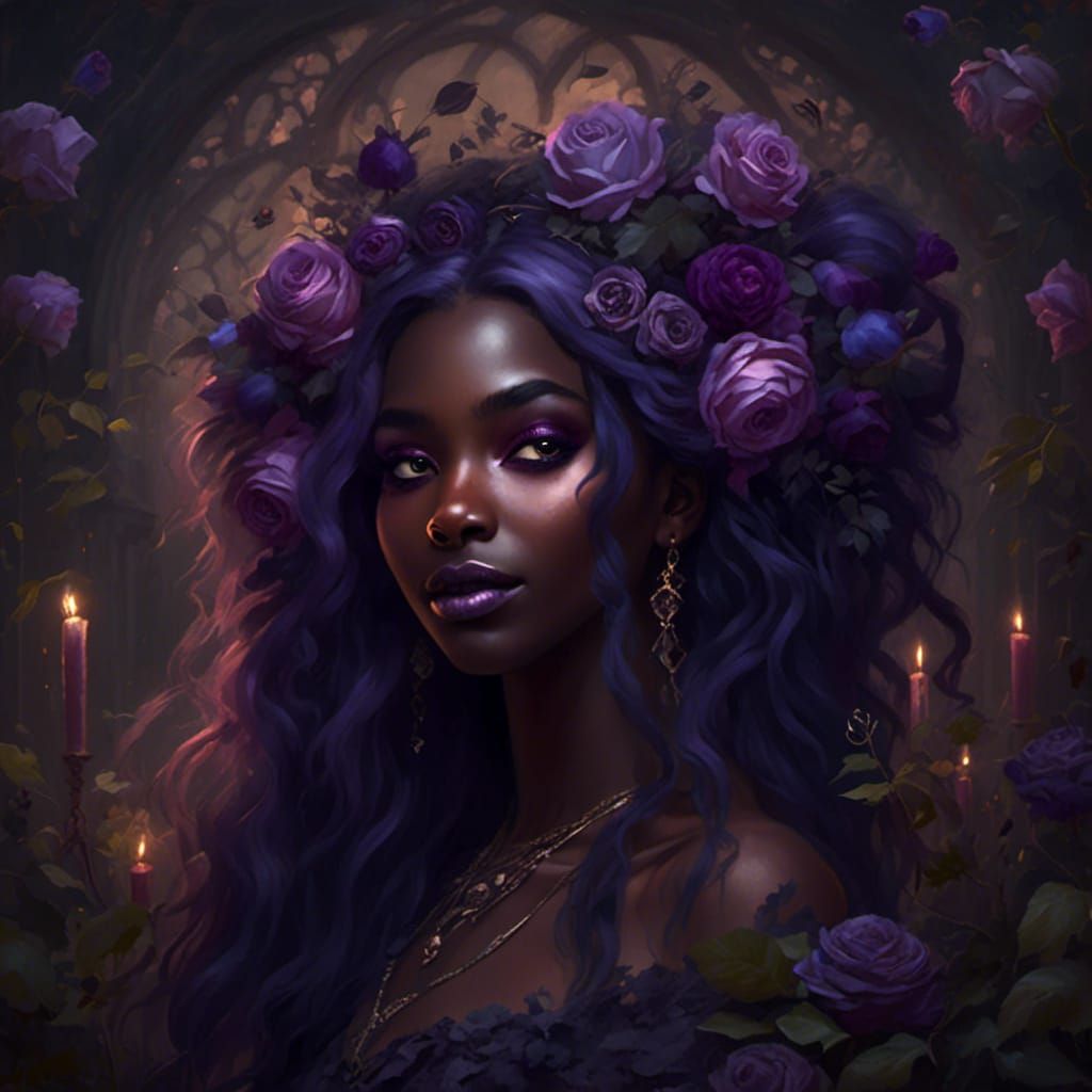 <lora:Fairytale dark:1.0> Very dark black skin young woman with purple hair, long hair, painting style, very dark colors, vampire, gentle, f...