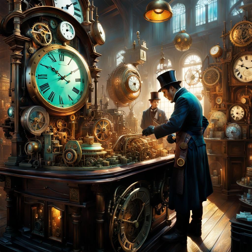 Apprentice helping a master clockmaker AI Generated Artwork