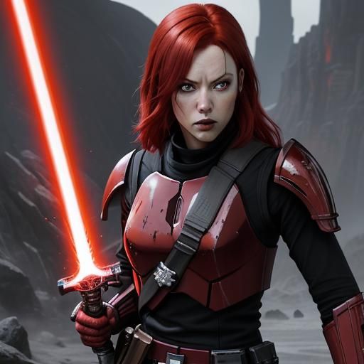 Adult female, red hair, crimson eyes, angry, Mandalorian arm...