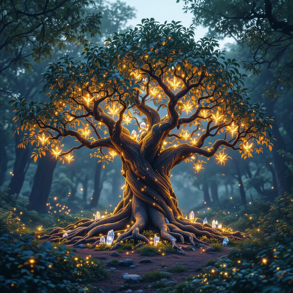 An ancient camphor  tree with glowing leaves stands in a serene forest clearing, its roots ...  by @Joy K