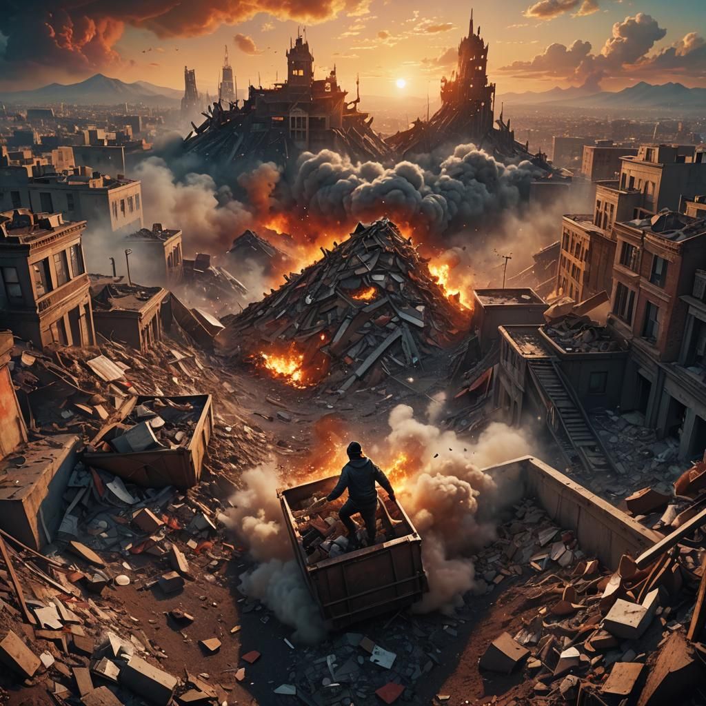 Man Slides on Trash Mountain in Surreal Style