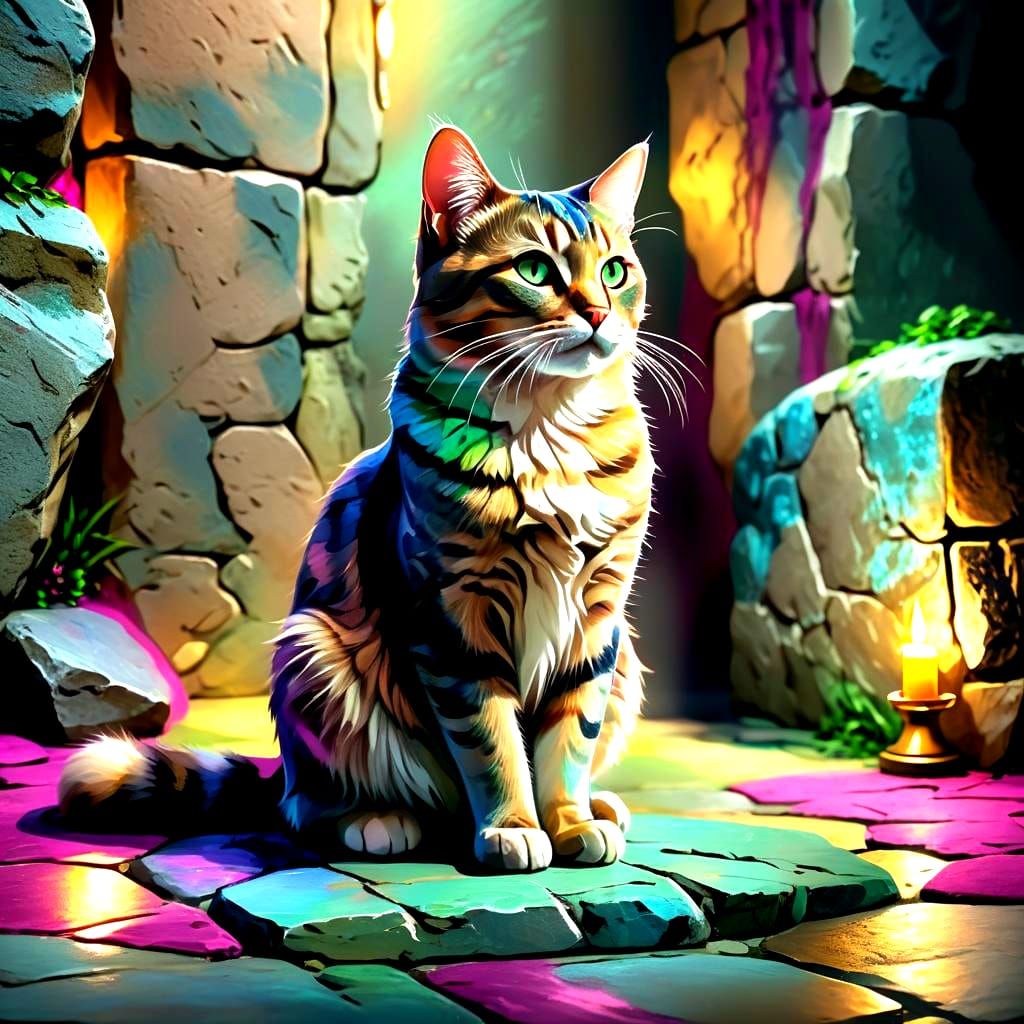 Cat on a stone floor. Candles in the background. #2