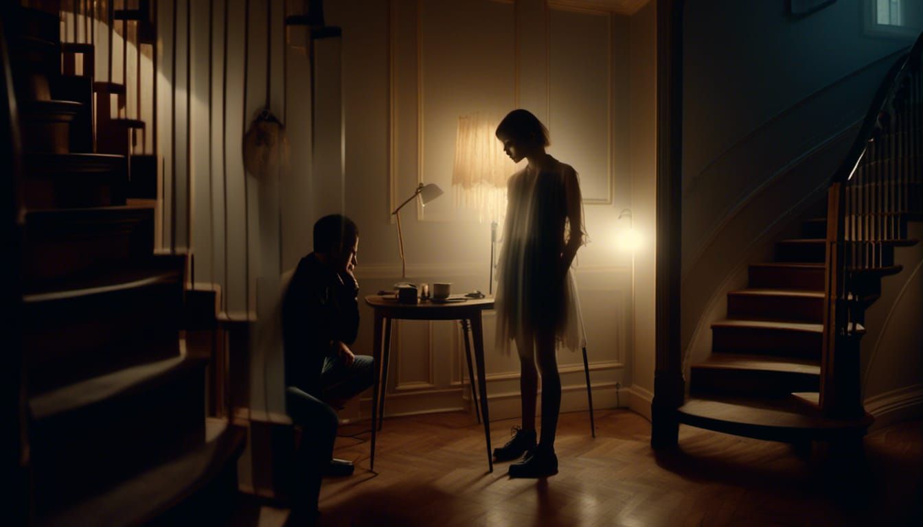 A suspenseful and eerie photo of a dimly lit living room