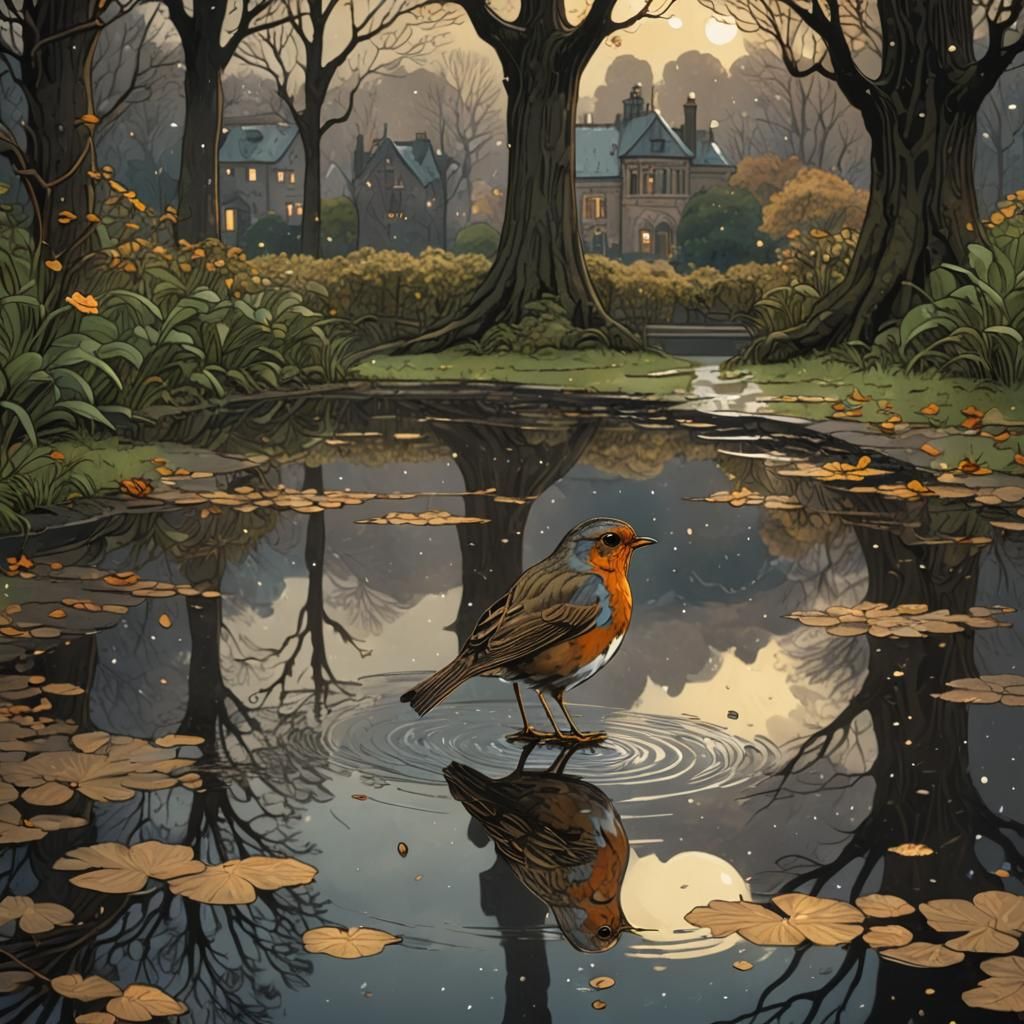 Cute fluffy Robin looking at its reflection in a puddle in a...