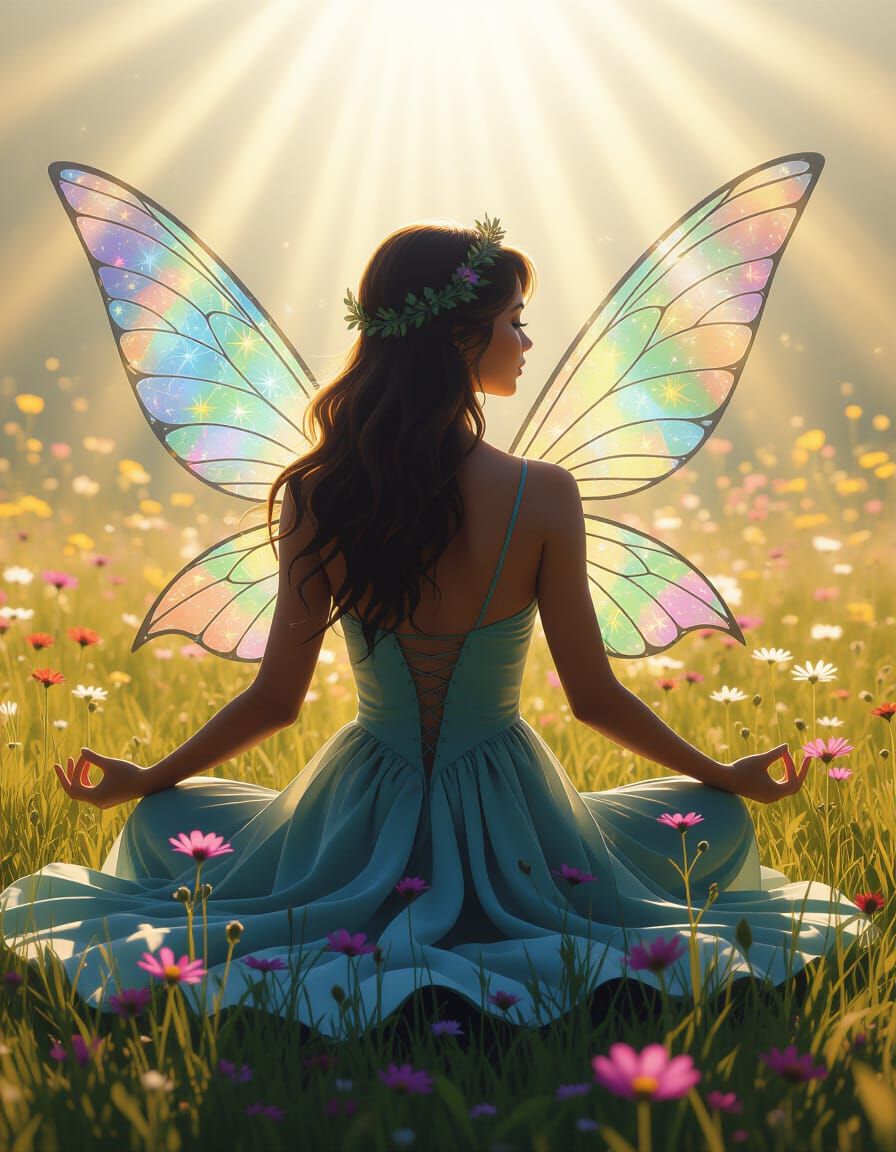 double exposure silhouette of a beautiful Tinkerbell fairy of the forest seated in meditation,  cloak flowing, double exposure effect reveal...