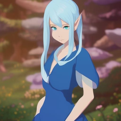 a elf girl with white hair blue eyes and blue dress - AI Generated Artwork  - NightCafe Creator