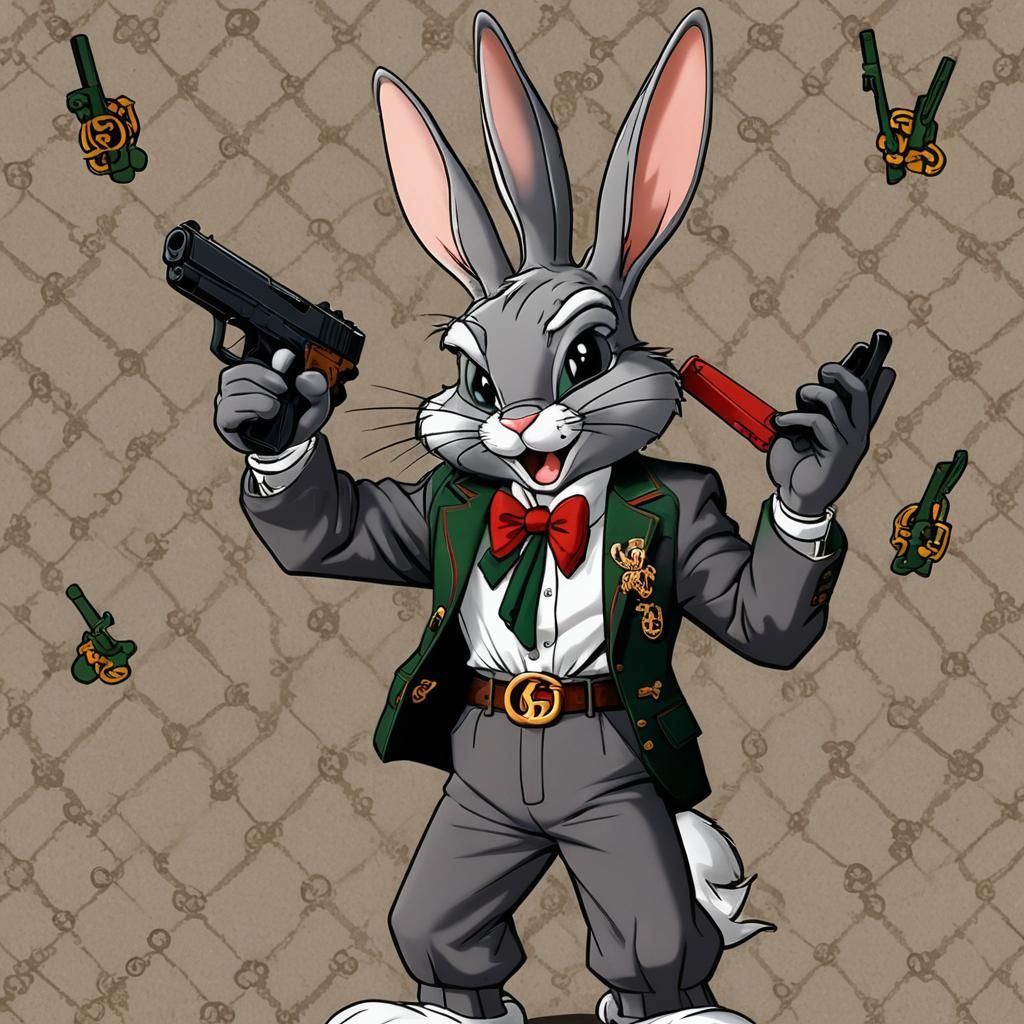 bugs bunny holding a glock wearing gucci on the phone