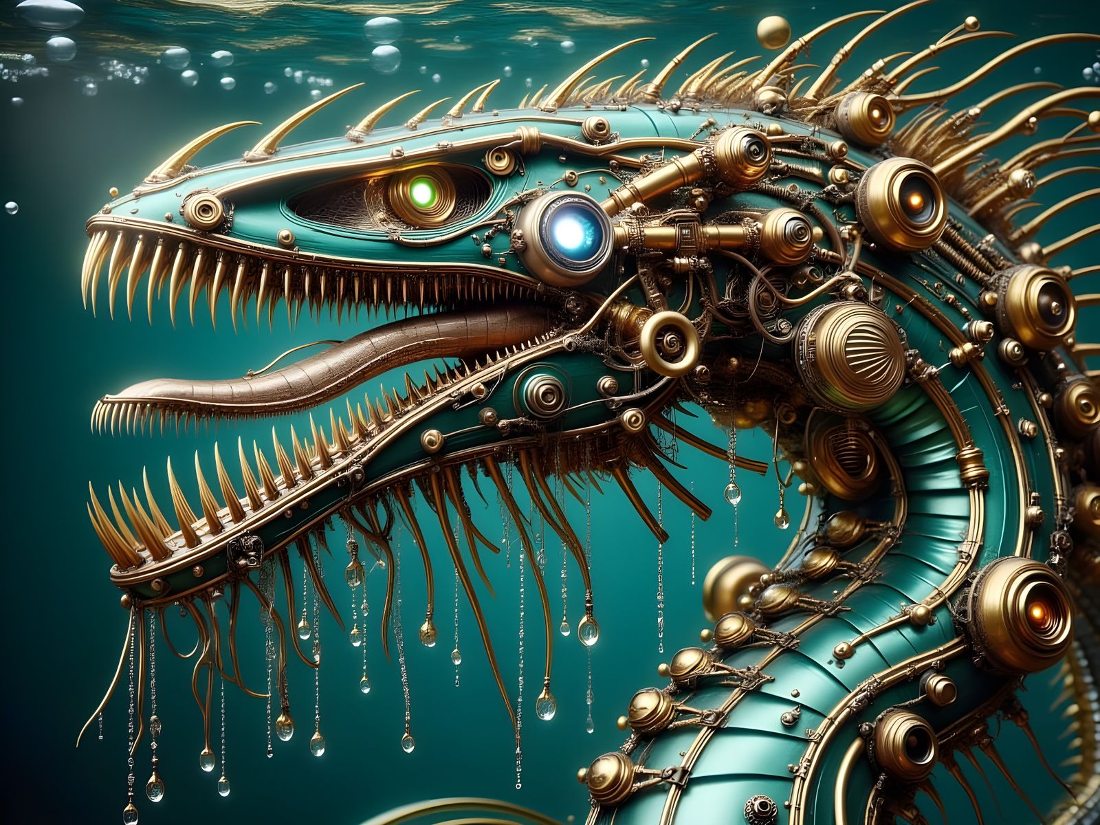 oil slick chrome swimming<lora:Sharp teeth:1.0> sea serpent monster steampunk velvet
