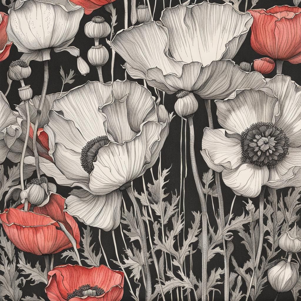 botanical ink   drawing of opium poppies