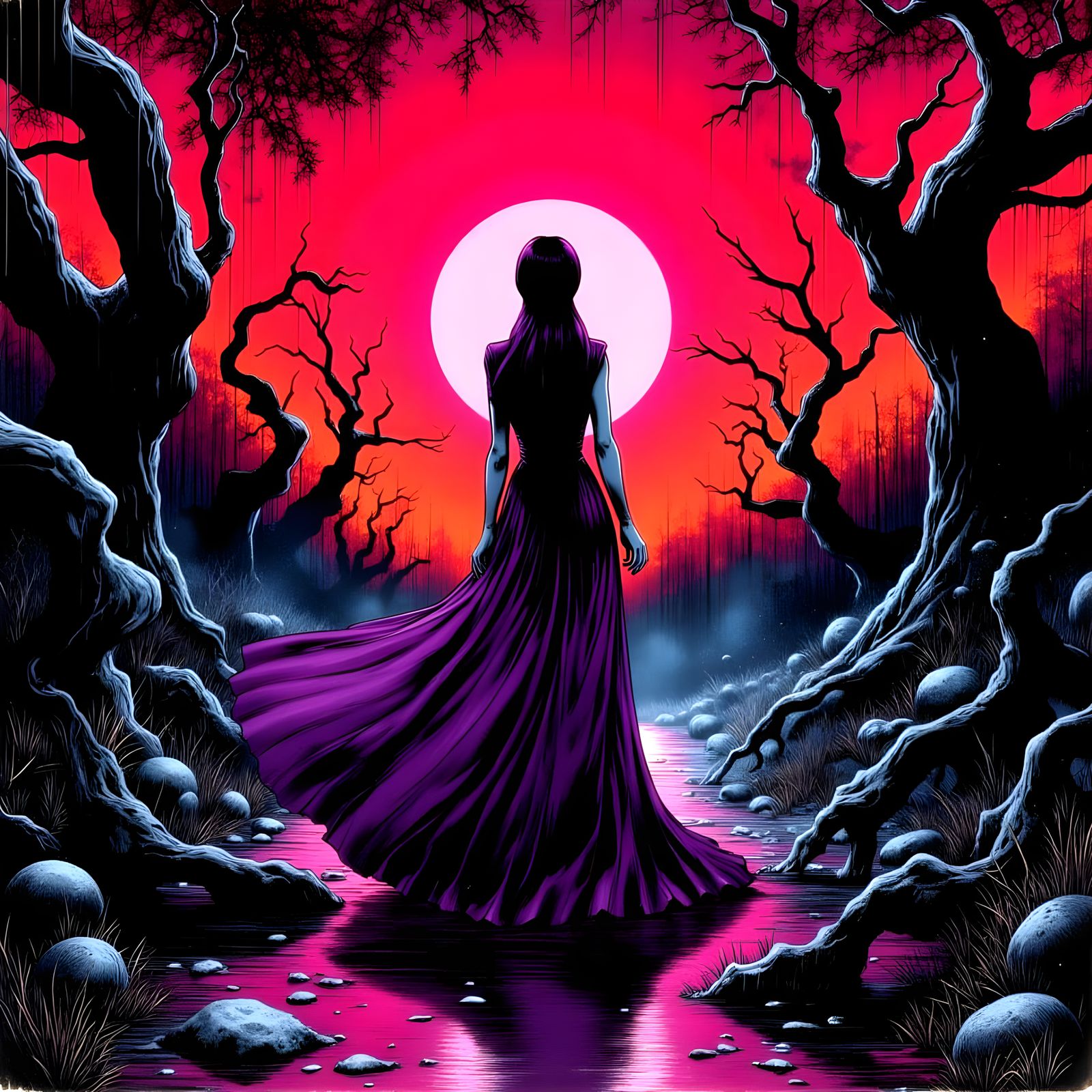 <lora:MixedMedia:1.0> <lora:VersoComicPanelFlux:1.0> The Reflecting Skin,max ernest, Magenta,purple,red ...  by @SethRichards