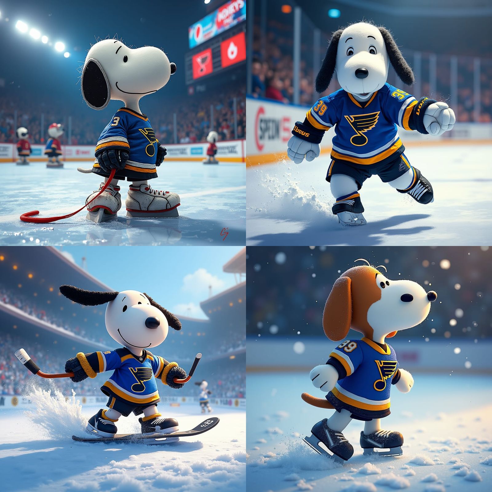 Snoopy skating on the ice, wearing a st louis blues jersey w...