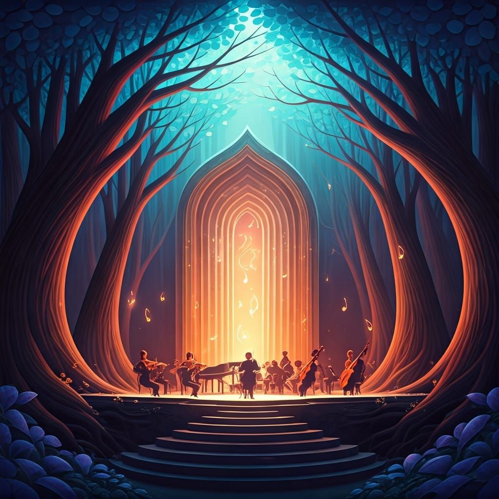 Enchanted Orchestra in Whimsical Forest, Digital Art