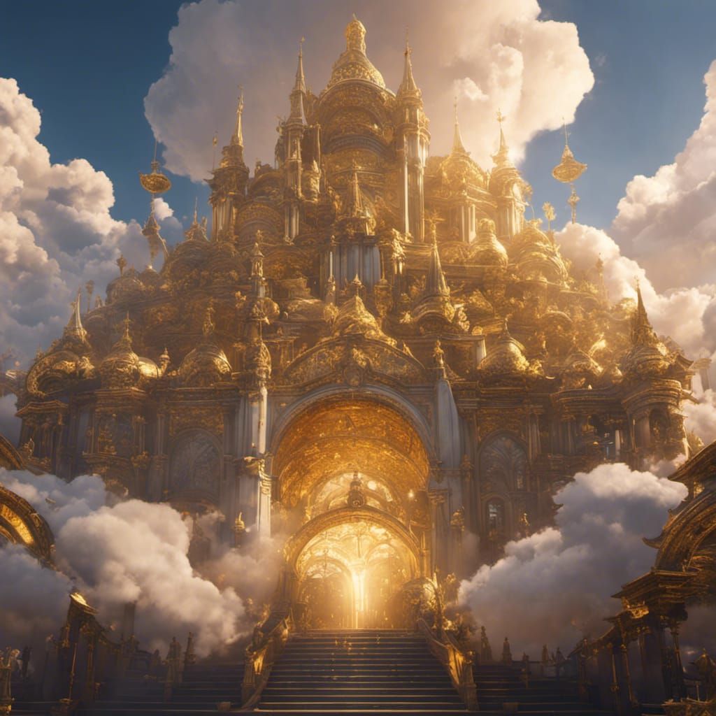 City in Heaven in gold on clouds with much golden Gates, 8k resolution concept, WLOP, Alphonse Mucha ...  by @undefined