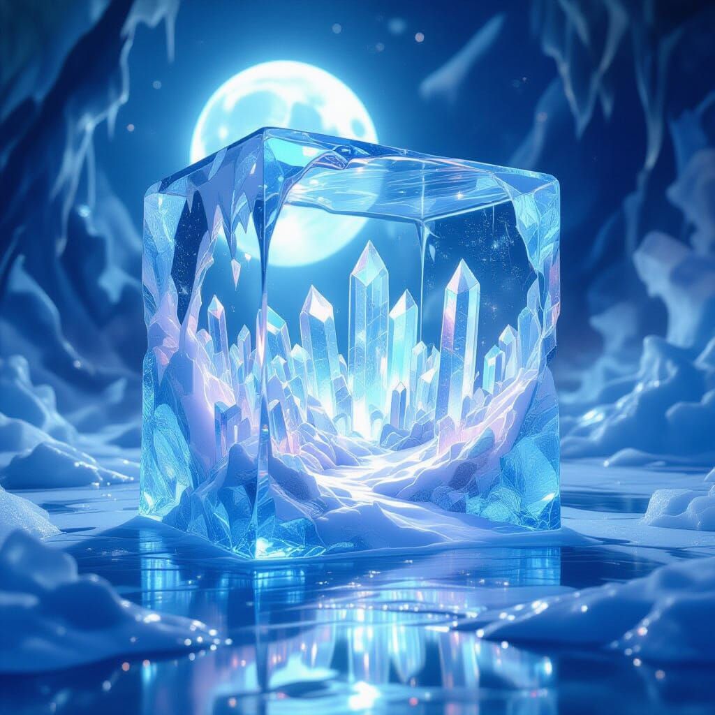 Ethereal World Frozen in Ice Under Moonlight
