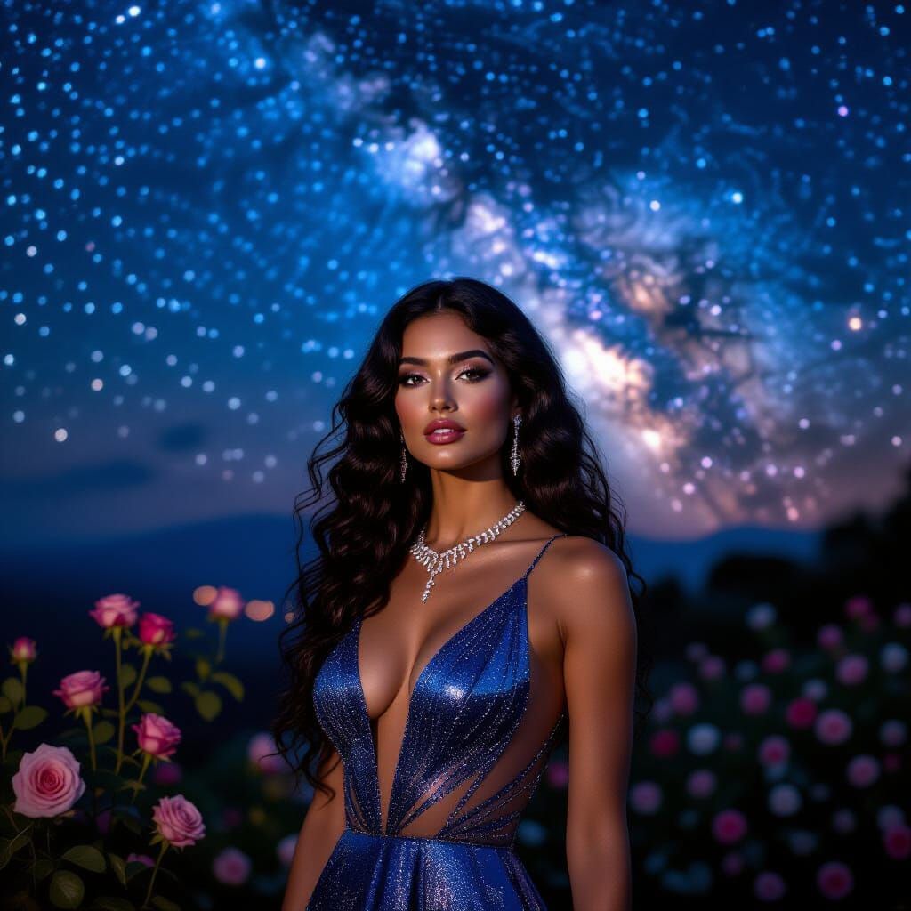 Woman Under Starry Night Sky with Diamond Jewelry