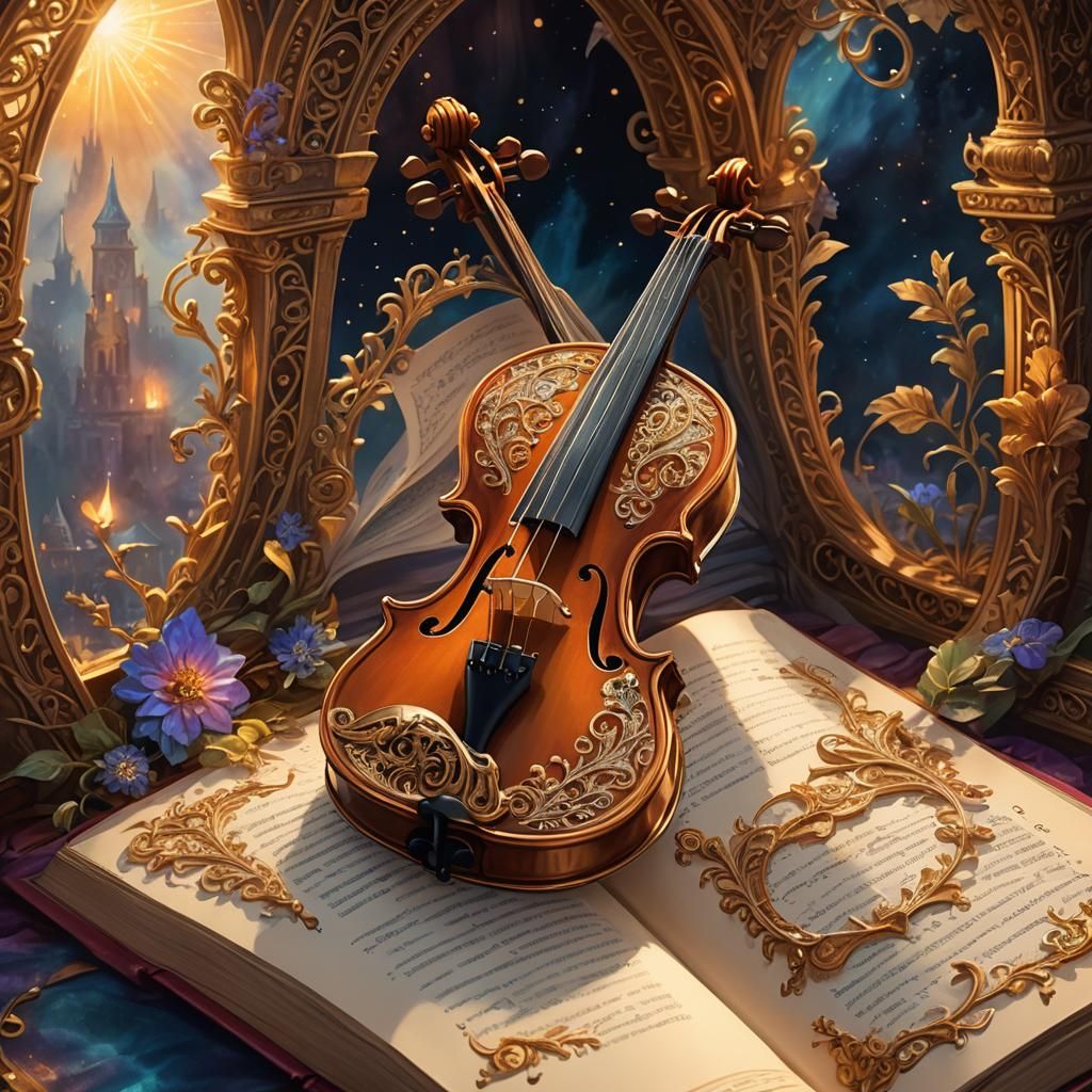 Glowing Violin and Book on Crown: Mystical Concept Art