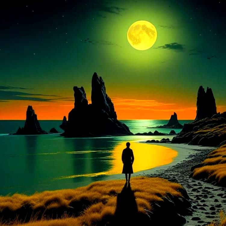 Mystical Moonlit Realm in Emerald Skies