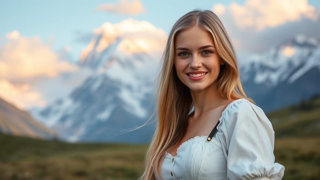 Swiss milkmaid in a field in the Swiss Alps