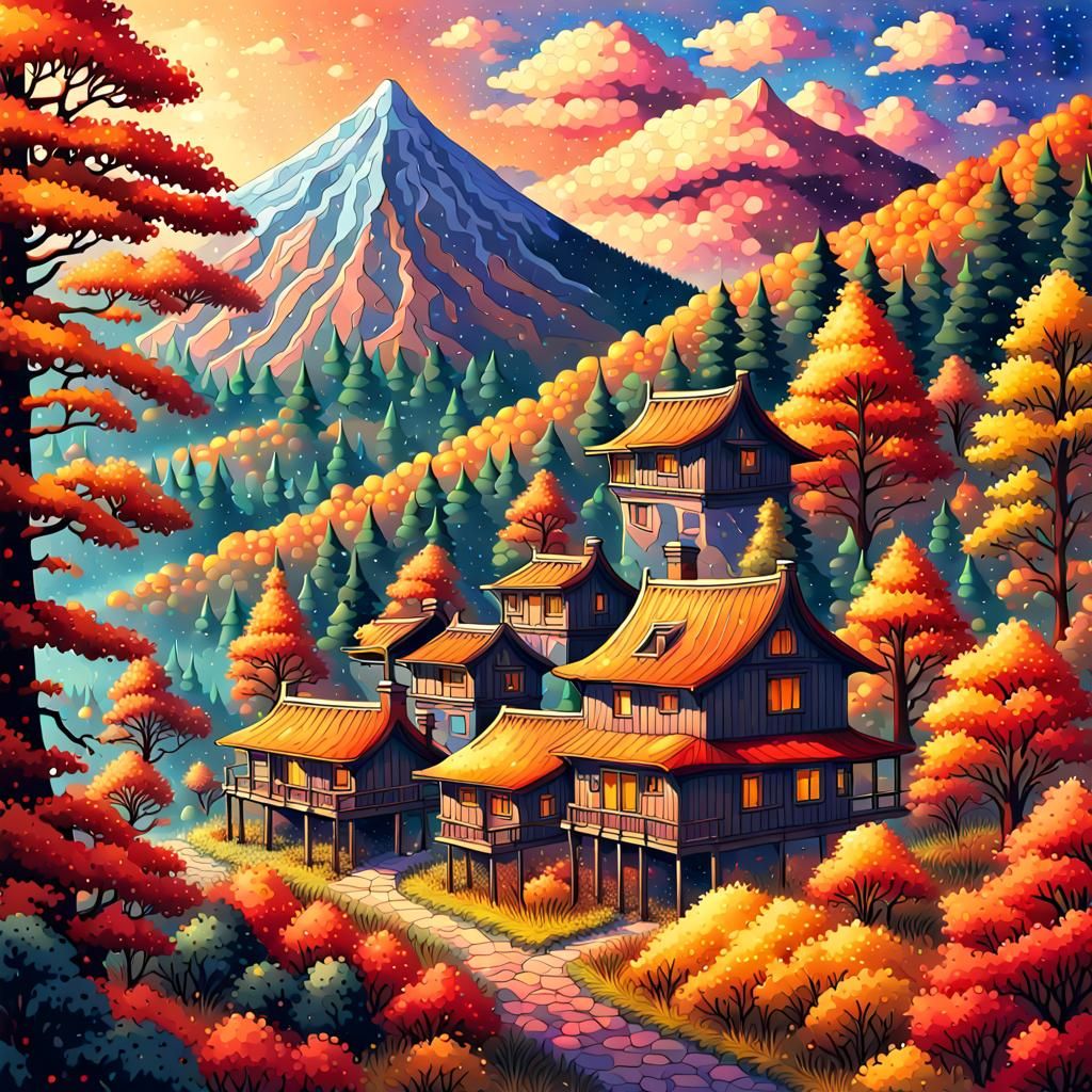 artistic style is japanses anime and pointillism. vivid ligh...