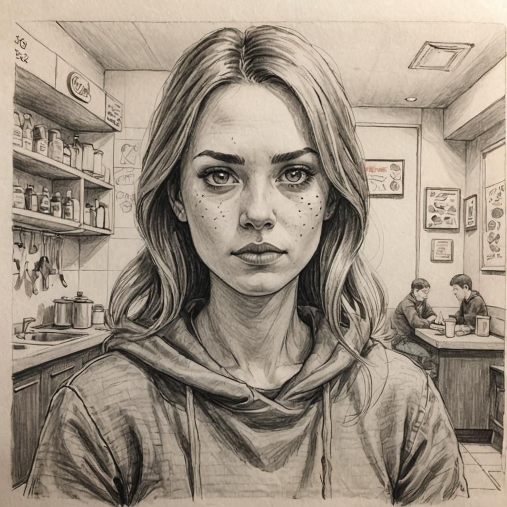 She got food poisoning from Arby’s, pencil sketch